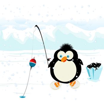 Funny penguin fishing on ice
