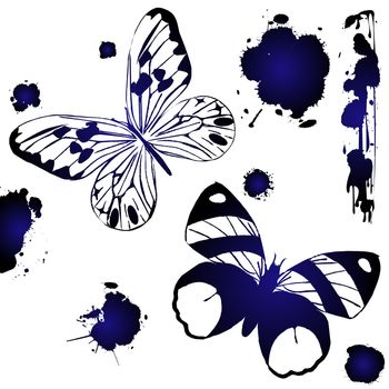 Decorative ink butterflies against white background, grunge art