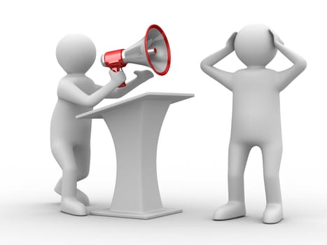 orator speaks in megaphone. Isolated 3D image