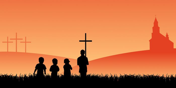 priest with cross and group of young pilgrims going to the church under cloudy sky at sunset