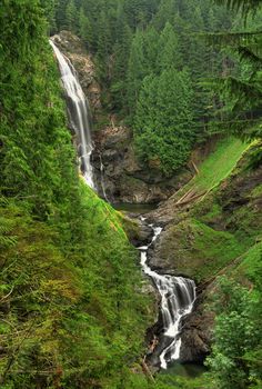 Attractive Wallace falls - Middle falls in Washington on a wet day using long exposure HDR - vertical