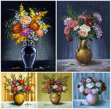 Flowers, asters in a vases. Picture oil paints on a canvas, set