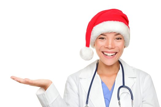 Christmas doctor showing holding hand palm open