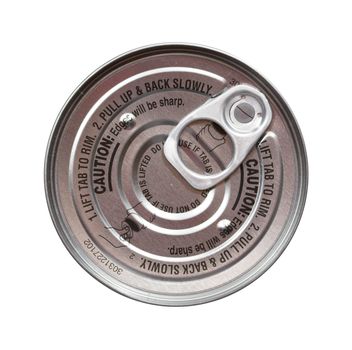 A round pull top lid on an aluminum can isolated over a white background