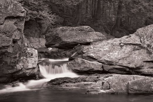 A small waterfall over rock with a forest in the background. Photo is in black and white.