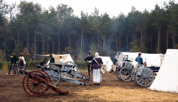 AUSTERLITZ, THE NETHERLANDS, OCTOBER 12, 2008 � History enthusiasts take part in the replay of the inspection of the troops by Louis Napol�on , king of Holland from 1806-1810. Cleaning the camp