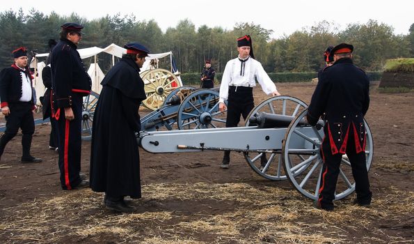 AUSTERLITZ, THE NETHERLANDS, OCTOBER 12, 2008 � History enthusiasts take part in the replay of the inspection of the troops by Louis Napol�on , king of Holland from 1806-1810. Prepare for battle