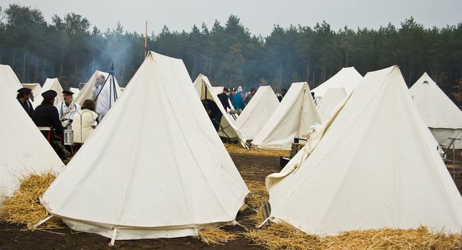 AUSTERLITZ, THE NETHERLANDS, OCTOBER 12, 2008 � History enthusiasts take part in the replay of the inspection of the troops by Louis Napol�on , king of Holland from 1806-1810. Camp awakens