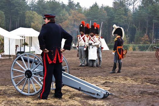 AUSTERLITZ, THE NETHERLANDS, OCTOBER 12, 2008 � History enthusiasts take part in the replay of the inspection of the troops by Louis Napol�on , king of Holland from 1806-1810. Prepare for battle