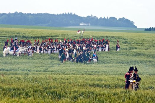 WATERLOO, BELGIUM, JUNE 21, 2009 - History enthusiasts from 24 countries  take part in the re-enactment of the battle of Waterloo that in 1815 ended Napoleon's imperial dream. Troops on field