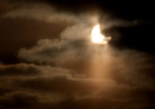Partial solar eclipse visible in the sky above Brno, 4 January 2010 in Brno, Czech Republic