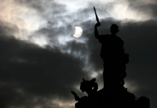 Partial solar eclipse visible in the sky above Brno, 4 January 2010 in Brno, Czech Republic