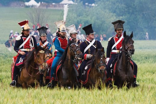 WATERLOO, BELGIUM, JUNE 21, 2009 - History enthusiasts from 24 countries  take part in the re-enactment of the battle of Waterloo that in 1815 ended Napoleon's imperial dream. Cavalrymen