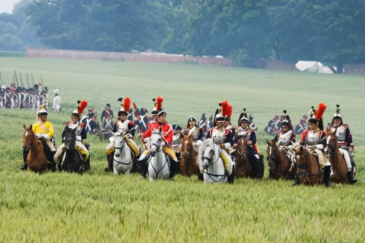 WATERLOO, BELGIUM, JUNE 21, 2009 - History enthusiasts from 24 countries  take part in the re-enactment of the battle of Waterloo that in 1815 ended Napoleon's imperial dream. Cavalry