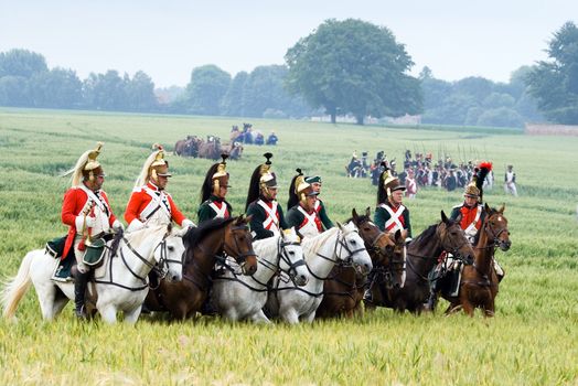 WATERLOO, BELGIUM, JUNE 21, 2009 - History enthusiasts from 24 countries  take part in the re-enactment of the battle of Waterloo that in 1815 ended Napoleon's imperial dream. Cavalry