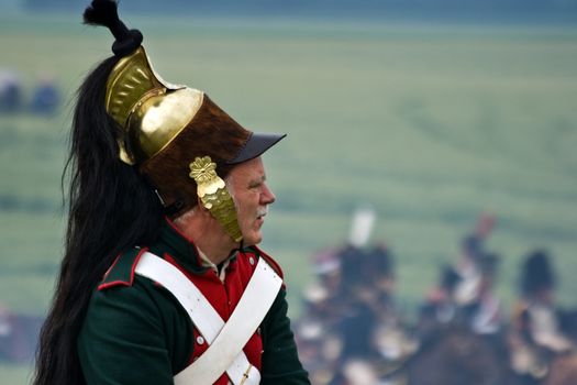 WATERLOO, BELGIUM, JUNE 21, 2009 - History enthusiasts from 24 countries  take part in the re-enactment of the battle of Waterloo that in 1815 ended Napoleon's imperial dream. Cavalryman