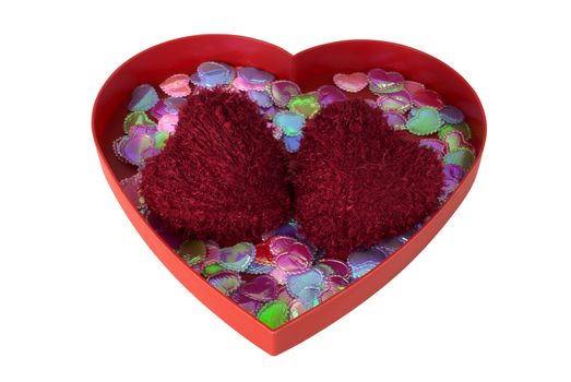 Valentine day heart shaped wool balls in red tray with sparkles