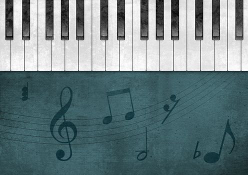 Illustration of Piano Keys and Musical Notes Over Textured Background