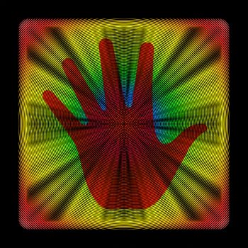 Red Hand Silhouette Over Wavy Multicolored Square