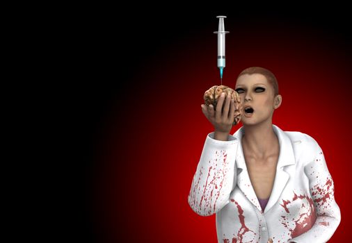 Conceptual image showing a gruesome doctor holding a brain full of drugs.
