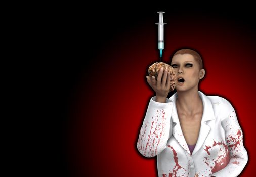 Conceptual image showing a gruesome doctor holding a brain full of drugs.