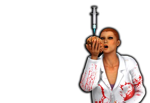 Conceptual image showing a gruesome doctor holding a brain full of drugs.