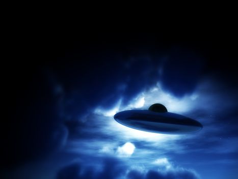 A view of a UFO amongst some moonlit clouds.
