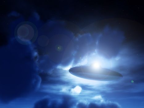 A view of a UFO amongst some moonlit clouds.
