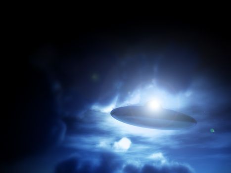 A view of a UFO amongst some moonlit clouds.
