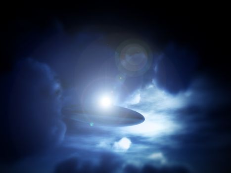 A view of a UFO amongst some moonlit clouds.
