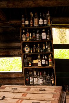 Collection of empty liquor bottles on shelf on ruin of log cabin of historic Big Salmon Trading Post, Yukon Territory, Canada.