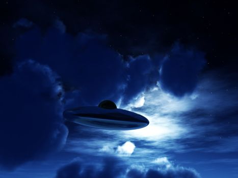 A view of a UFO amongst some moonlit clouds.
