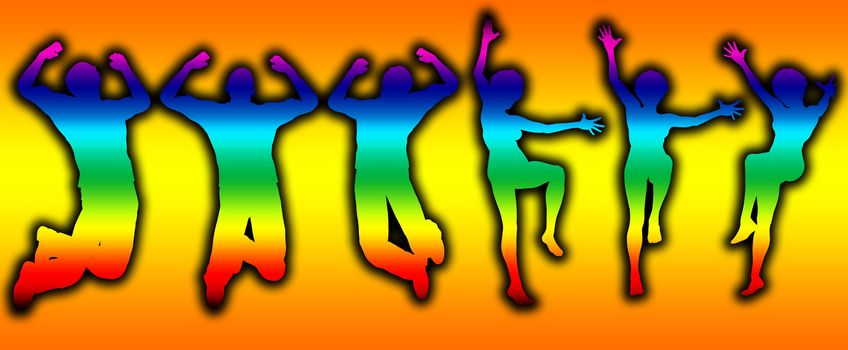 A group of men and women who are jumping simultaneously.