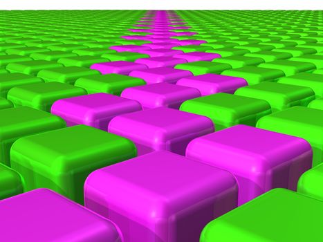 Path of Magenta Cubes in 3D Landscape of Green Cubes (RGB)