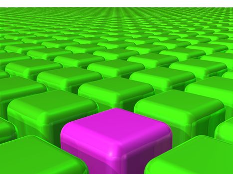 Magenta Cube Standing Out in 3D Landscape of Green Cubes (RGB)