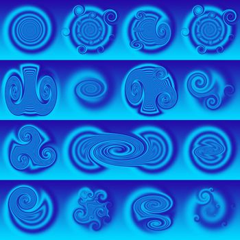 Bitmap Graphics - Sixteen Unusual Blue Spirals
