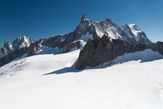 summer view of Dent du Geant peak and glacier in Mont Blanc massif