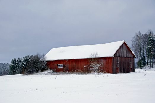 An old red barn by the field on a grey January afternoon. Photographed in Salo, Finland in January 2011.
