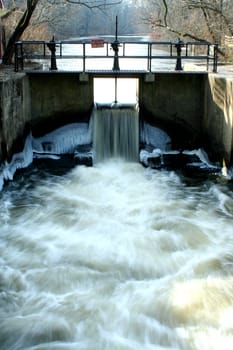 Water flowing through a canal lock