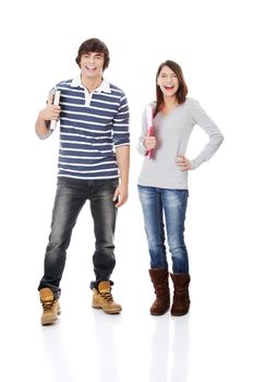 Young woman and man standing with books, isolated on white