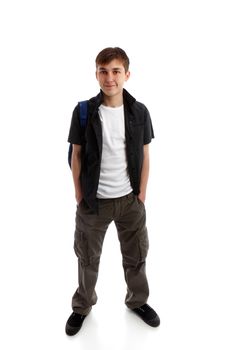 Standing student with hands in pockets.  White background.