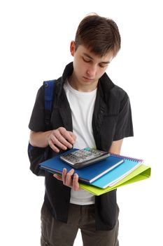 A teenage student holding books, folders and equipment.