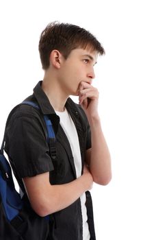 A student making a decision, thinking, pondering, analysing, etc.  White background.