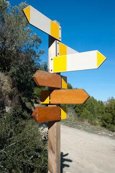 Wooden hiking trail signpost with multiple directions, signs empty for text