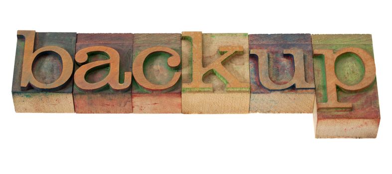 backup - word in vintage wooden letterpress printing blocks, stained with color inks, isolated on white
