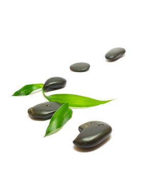 Black stones and bamboo leafs isolated on white