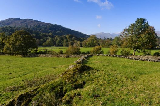 View from Galava Roman Fort in Borrans Field Ambleside Lake District National Park Cumbria England