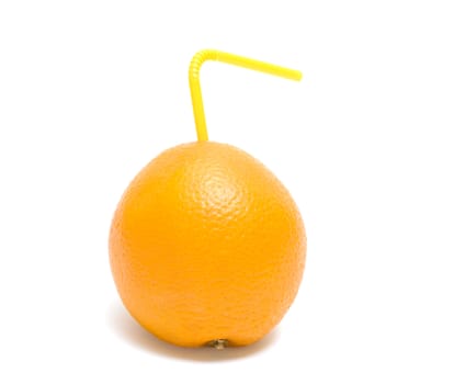 Orange with yellow drinking straw it is isolated on a white background.