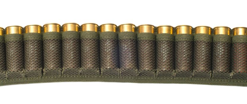 Bandolier of bullets is isolated on a white background.