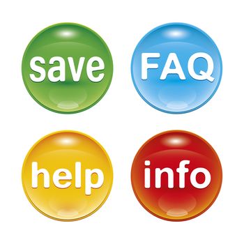 four glossy web icons with the word save FAQ help info